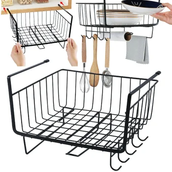 Under-Shelf Hanging Metal Basket with 5 Hooks and Paper Holder, Black