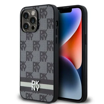 DKNY iPhone 14 Pro Max Case Leather Checkered Mono Pattern, Black