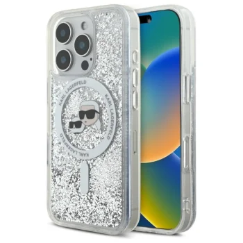 Karl Lagerfeld iPhone 16 Pro Case Liquid Glitter Karl & Choupette Head MagSafe, Clear