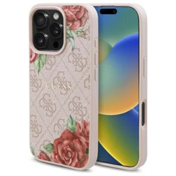 Dėklas Guess 4G Flowers Print MagSafe, skirtas iPhone 16 Pro 6.3", rožinis