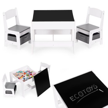 ECOTOYS Kids Table and 2 Chair Set with Chalkboard Top & Storage ZKC-1A