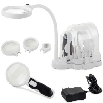 2-in-1 Desktop and Handheld Magnifier with LED Light and Interchangeable Lenses (2.5x, 5x, 16x)