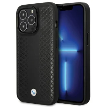 BMW iPhone 14 Pro Case Leather Diamond Pattern, Black