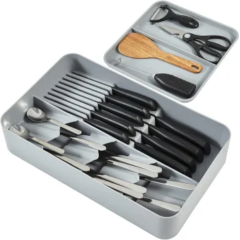 Two-Tier Cutlery Drawer Organizer, Grey