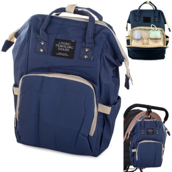 Multifunctional Diaper Backpack / Stroller Bag for Moms, 11 Pockets, Navy Blue