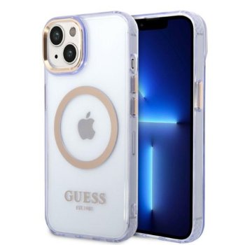 Apple iPhone 14 6.1'' Guess Gold Outline Translucent MagSafe Case Cover (GUHMP14SHTCMU), Purple