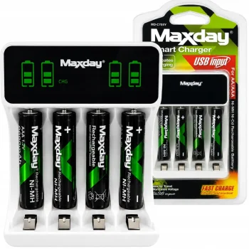 Maxday AA/AAA Battery Charger with LCD + 4 AAA Batteries, White