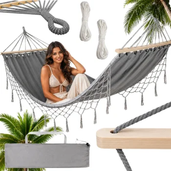Grey Garden Hammock with Wooden Spreader Bars and Fringes 200 x 100 cm, with Bag