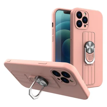 Silikoninis dėklas su žiedu-stovu Samsung Galaxy S22 Ultra, rožinis