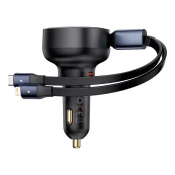 Baseus Enjoyment Pro 60W Car Charger with Retractable USB-C/Lightning Cable Black
