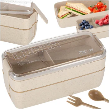 Lunch Box with Compartments and Cutlery, 750 ml, Beige