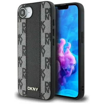 DKNY Leather Checkered Mono Pattern MagSafe Case for iPhone 16e - Black