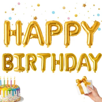 Folinių balionų girlianda Happy Birthday gimtadienio užrašas, 13 vnt., auksinė