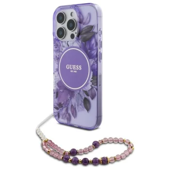 Guess IML Flowers Pearl Strap MagSafe Case for iPhone 16 Pro Max, Purple