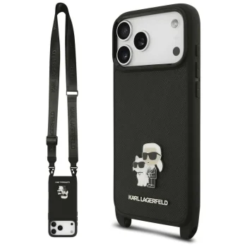 Karl Lagerfeld dėklas su dirželiu iPhone 18 Pro / 17 Pro Saffiano Karl&Choupette, juodas