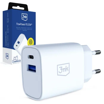 3Mk Protection FlowPower 25W Wall Charger, USB-C/USB-A, White