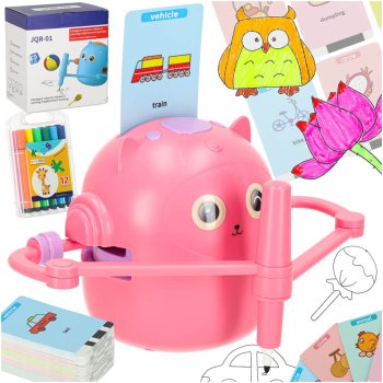 Interactive educational drawing and writing robot with cards and markers, pink