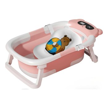 Foldable Baby Bathtub with Digital Thermometer and Infant Support Pillow, Pink