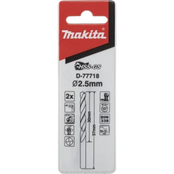 Makita D-77718 HSS-GS Metal Drill Bit Set, 2.5 x 57 mm, 2 pcs