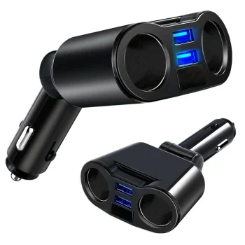 Car Cigarette Lighter Splitter with 2 USB Ports, Black