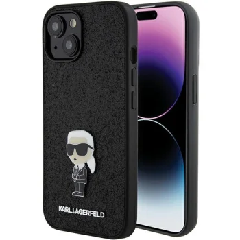 Karl Lagerfeld iPhone 15 Case Glitter Ikonik Logo Metal Pin, Black