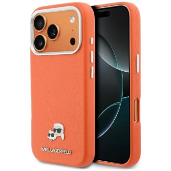 Karl Lagerfeld Karl & Choupette Head Pins Saffiano MagSafe Case for iPhone 17 Pro Max, Orange