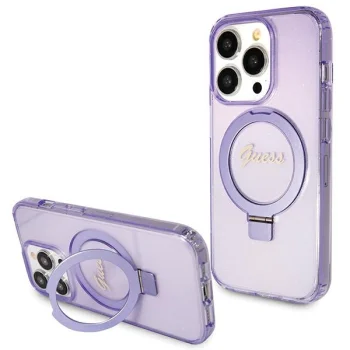 Guess iPhone 15 Pro Case Ring Stand MagSafe Script Logo Glitter, Purple