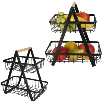 Two-Tier Fruit Basket, Metal and Wood, Black