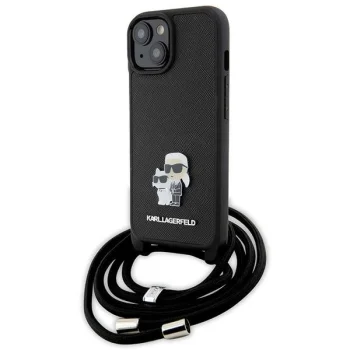 Karl Lagerfeld iPhone 15 Plus Case Crossbody Saffiano Metal Pin, Black