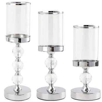 Glamour stiliaus stiklinių ir metalinių žvakidžių rinkinys, 3 vnt., chromas