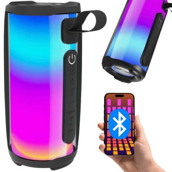 Portable Bluetooth Speaker Boombox with RGB Lights, USB, and FM Radio, Black