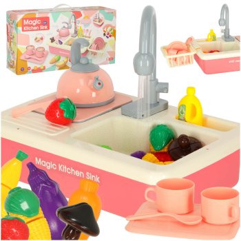Kids sink with accessories, running water, kettle, induction hob, XXL, pink