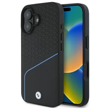 BMW iPhone 16 Case Sign Leather Textured And Line MagSafe, Black