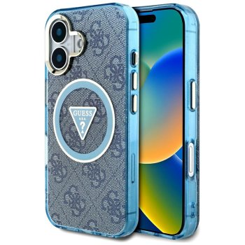 Guess IML Metal Glitter 4G Circle Triangle MagSafe Case for iPhone 16, Blue