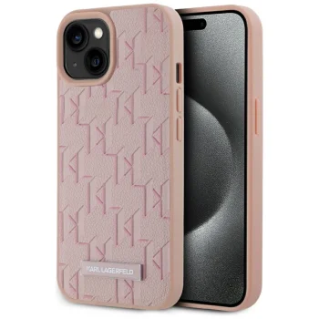 Karl Lagerfeld Leather Monogram Metal Logo MagSafe Case for iPhone 15, Pink