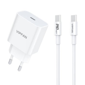 Vipfan E04 Wall Charger 20W USB Type C + Charging Data Cable ( Type C to Type C ) 3A, White
