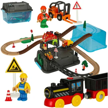 Wooden Train Track with Construction Site, 55 Pieces