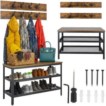 Ruhhy 00027037 Shoe Rack with Coat Hanger and Bench, 73cm, Black/Brown