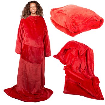 Warm Fleece Wearable Blanket with Sleeves 140x200 cm, Red
