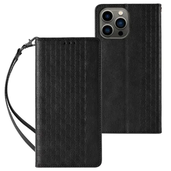Magnet Strap Case for iPhone 14 Pro Max Flip Wallet Case with Lanyard, Black