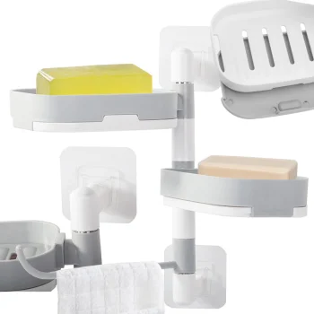 Wall-Mounted Soap Dish with Towel Holder, White/Grey