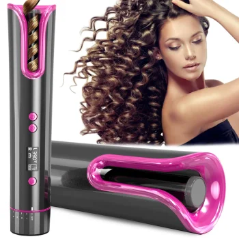 Cordless automatic hair curler with LCD display and ionization