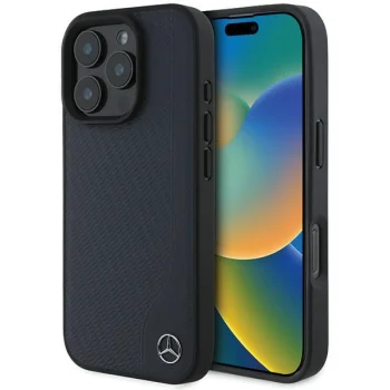 Mercedes iPhone 16 Pro Max Case Wood Imitation Leather MagSafe, Navy Blue