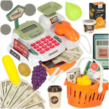 Kids Cash Register Supermarket Store Scanner Calculator Basket with Accessories 36 pcs