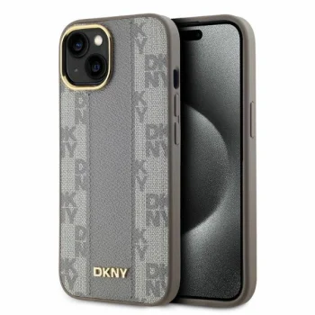 DKNY iPhone 14 Case Leather Checkered Mono Pattern MagSafe, Beige