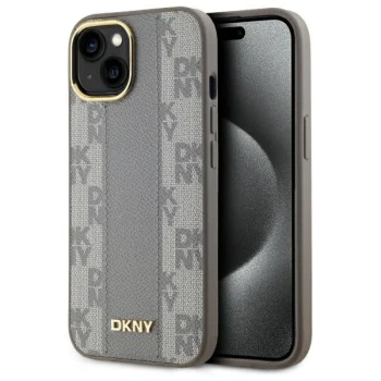DKNY iPhone 15 Plus Case Leather Checkered Mono Pattern MagSafe, Beige