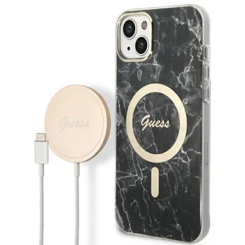 Guess Marble MagSafe Bundle for iPhone 14: Case & Wireless Charger, Black