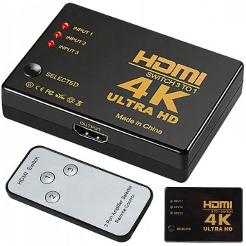 3x1 HDMI Switch with IR Remote Control, 4K UHD