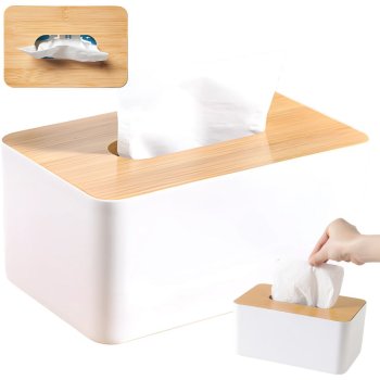 Tissue Box Holder with Bamboo Lid, Modern Dispenser for Bathroom and Office, White