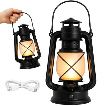 Retro LED Camping Lantern with Flame Effect, USB, Black